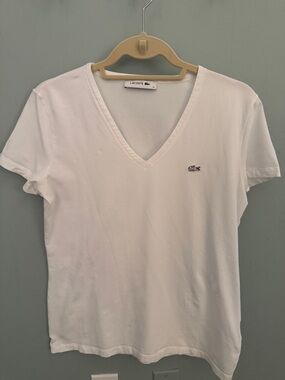 Lacoste White V-Neck Tee with Small Crocodile Emblem